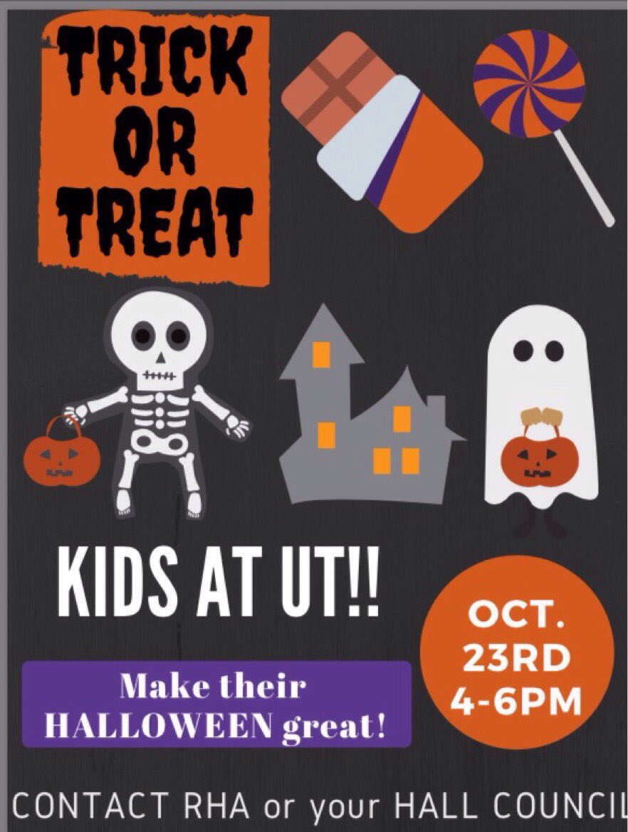 UT_RHA's tweet photo. MEET US IN VAUGHN AT 3:30PM and make kids Halloween great!! Plus who doesn't love candy??? 🍬🍫🎃👻 https://t.co/1IX9kD54ob