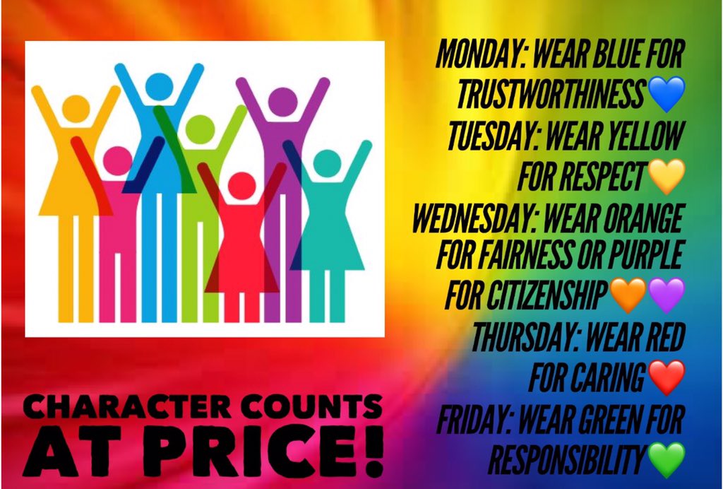 PricePanthers's tweet photo. Itβs @CHARACTERCOUNTS Week and each day weβre wearing a different pillar color to celebrate! #CCWeek2018 #CharacterCounts https://t.co/PNg0HwcjN7