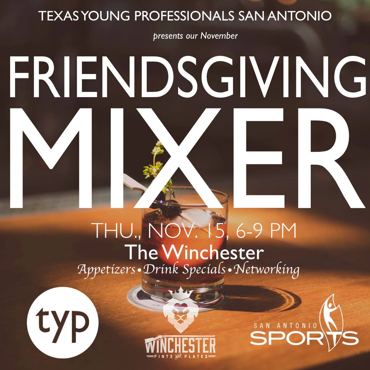 Come network with us Thursday November 15th, at our FREE Friendsgiving Mixer! <a href="/WinchesterPubSA/">The Winchester Pub</a> supporting <a href="/SA_Sports/">San Antonio Sports</a> 
Register here: conta.cc/2CyvqZ9  #typ #typ210 #networking