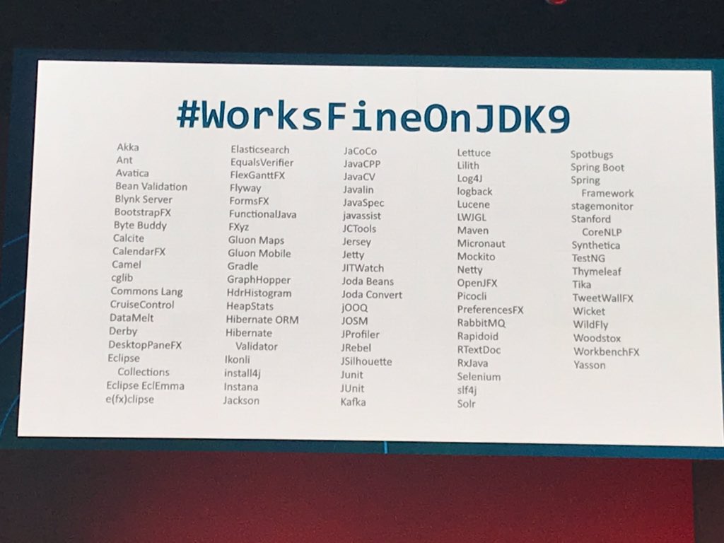 wolflook's tweet image. Transition from JDK 9 #WorksFineOnJDK9 to JDK11 #WorksLikeHeavenOnJDK11 by reached almost 50% of libs, frameworks &amp;amp; tools said Mark Reinhold at the Java keynote @OracleCodeOne 2018