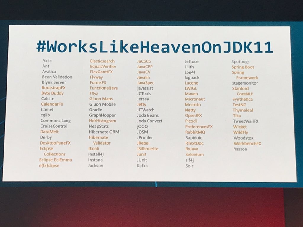 wolflook's tweet image. Transition from JDK 9 #WorksFineOnJDK9 to JDK11 #WorksLikeHeavenOnJDK11 by reached almost 50% of libs, frameworks &amp;amp; tools said Mark Reinhold at the Java keynote @OracleCodeOne 2018