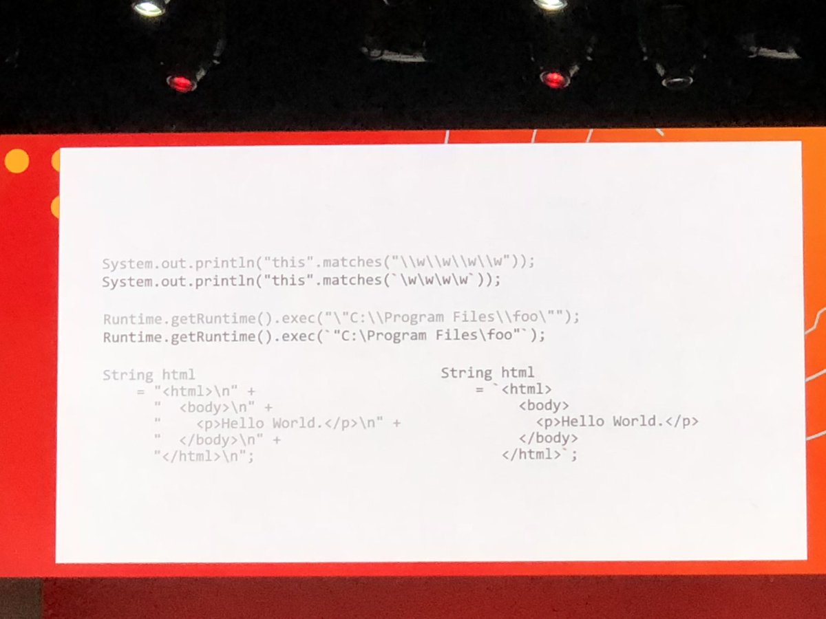 ScottSelikoff's tweet image. Raw String literals coming in Java 12! Finally, no more endless escape of literals and special characters when writing Strings!  #OracleCodeOne #jep326 #Java12