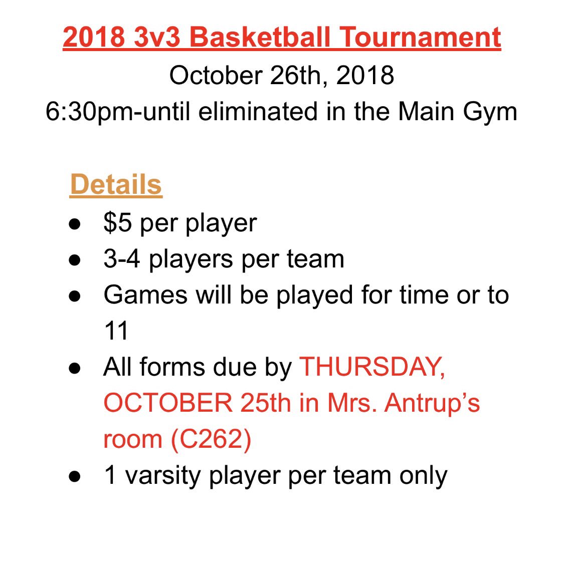 Check out Stoney’s 3v3 Basketball Tournament this Friday at 6:30! All forms are due this Thursday in Mrs. Antrup’s room. Details are shown below. See you there!🏀💪🏼