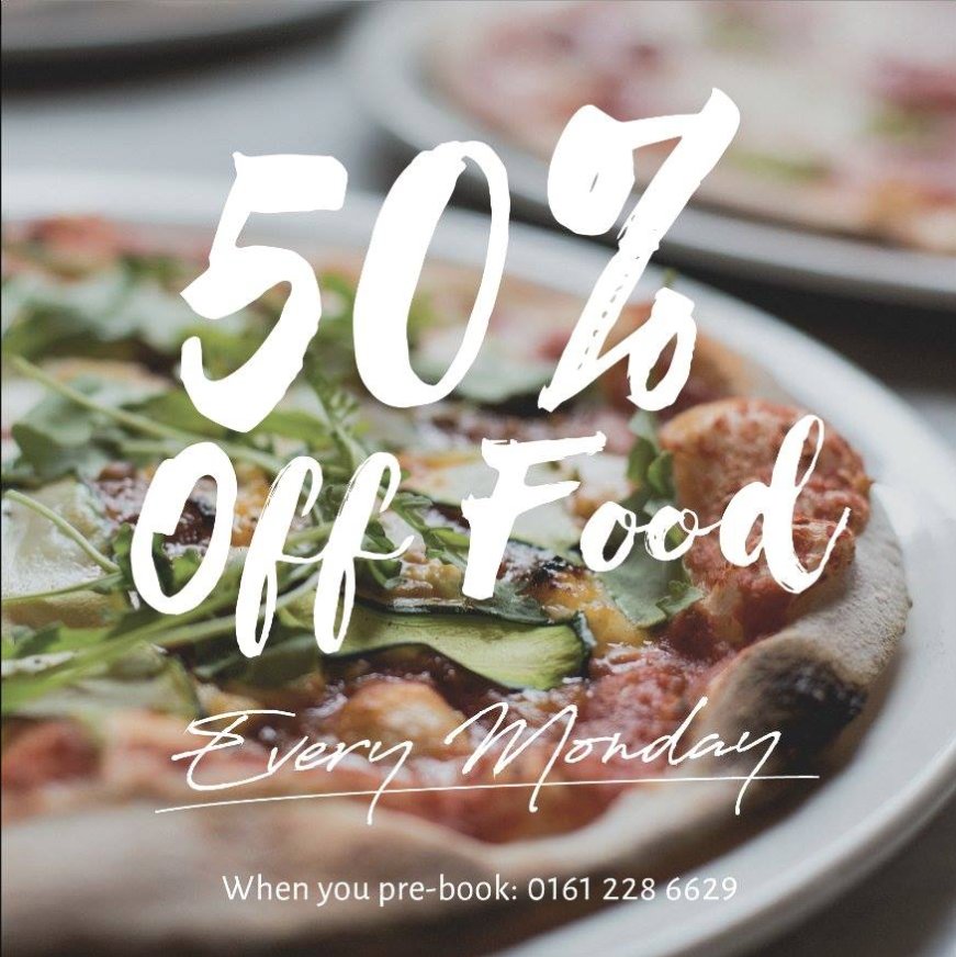 Get 50% off food this Monday when you prebook with us! What a way to start the week! Call us on: 0161 228 6629