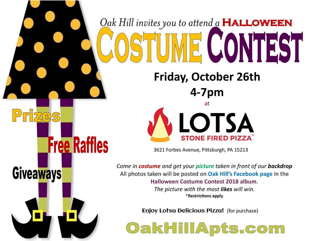 OakHillAptsPgh's tweet photo. We want to see your awesome Halloween costumes this year!  Join us on October 26th at 4pm at @Lotsa_Pizza for our Halloween costume contest!  #lotsapizza #Halloween2018 #prizes https://t.co/vl6mlzjKrk