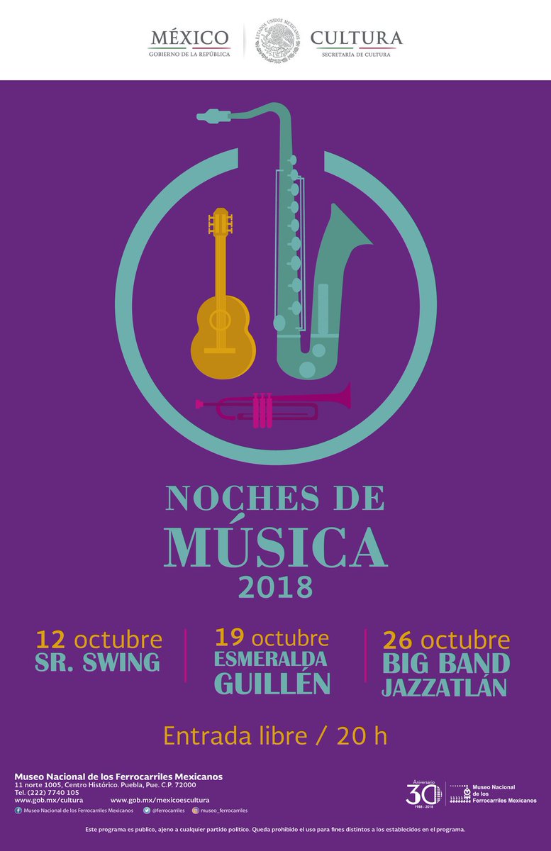 El_fusilmx's tweet photo. #NochesdeMúsica en el .@ferrocarriles, este año 3 viernes musicales nos recibirán con entrada libre a partir de las 8 de la noche.
Para el viernes 12 de octubre: Sr. Swing.
Para el viernes 19 de octubre: .@EsmeraldaDelira
Para el viernes 26 de octubre: Jazzatlán Big Band https://t.co/1Zdbsy02CT