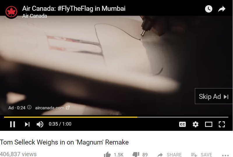 #SMED002  I found this ad on You Tube when I was viewing various Entertainment Tonight segments. While it is for Air Canada the content has very little to do with PLANES or DESTINATIONS. It is so bad that I would rather watch a dry nutrition video.