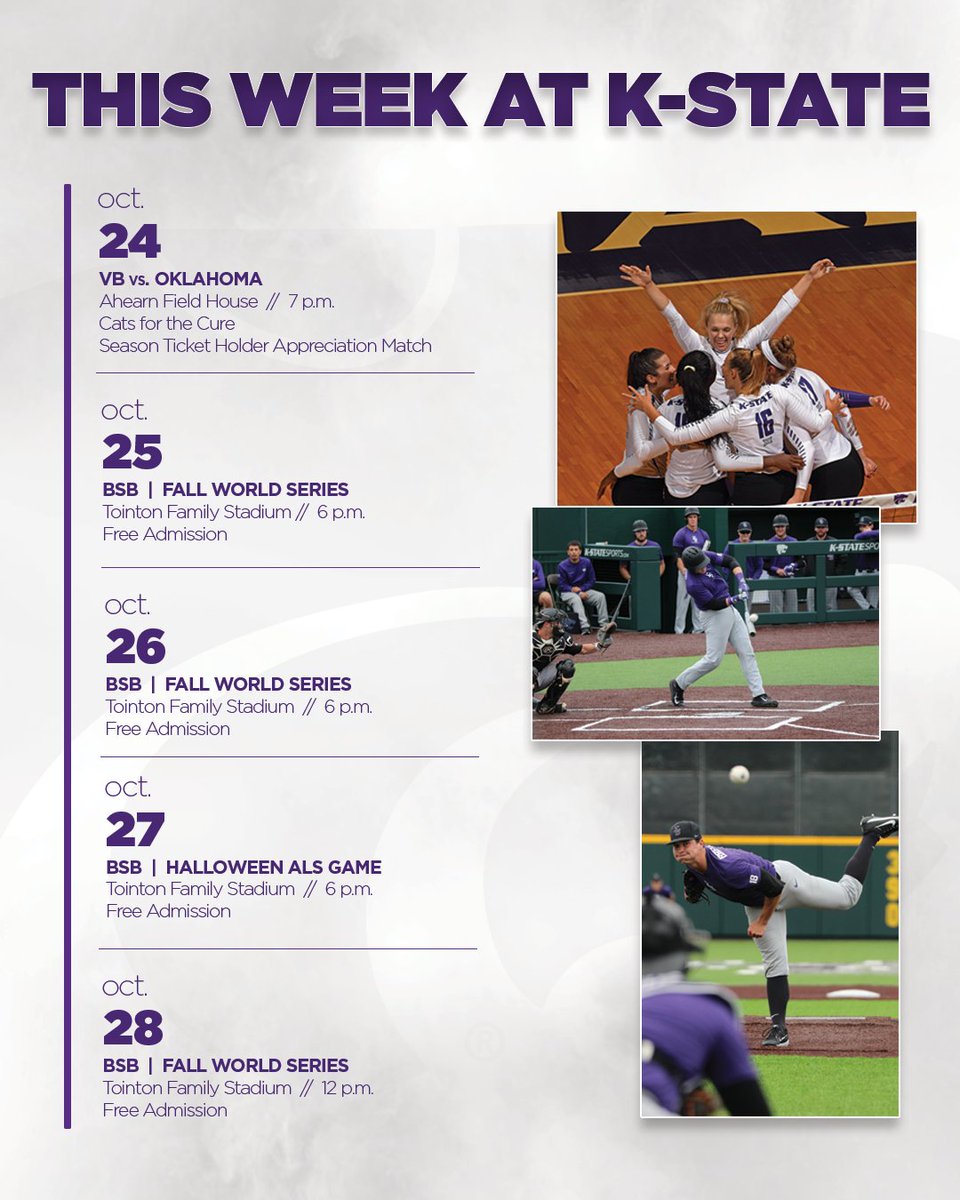 This Week at K-State

🔘 #KStateVB vs. Oklahoma 
🔘 #KStateBSB Halloween ALS Game and Fall World Series

🎟 k-st.at/2CZ3O0y