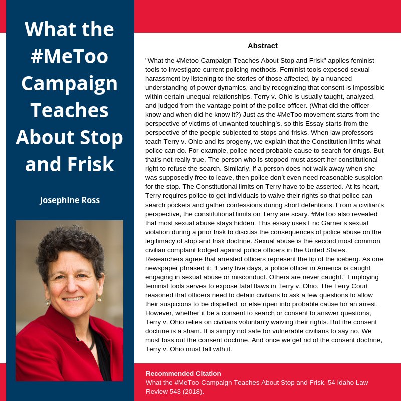 HUSLLibrary's tweet photo. This month's #HUSLLibraryFacultyScholarshipSpotlight is "What the #Metoo Campaign Teaches About Stop and Frisk" by Prof. Ross. Read it @SSRN: https://t.co/JMJ6JiECVJ
#StopAndFrisk #PoliceSexualMisconduct #SexualAssault #EricGarner #FourthAmendment #TerryVOhio #ProfessorRoss #HUSL https://t.co/2E5C3g3cwt