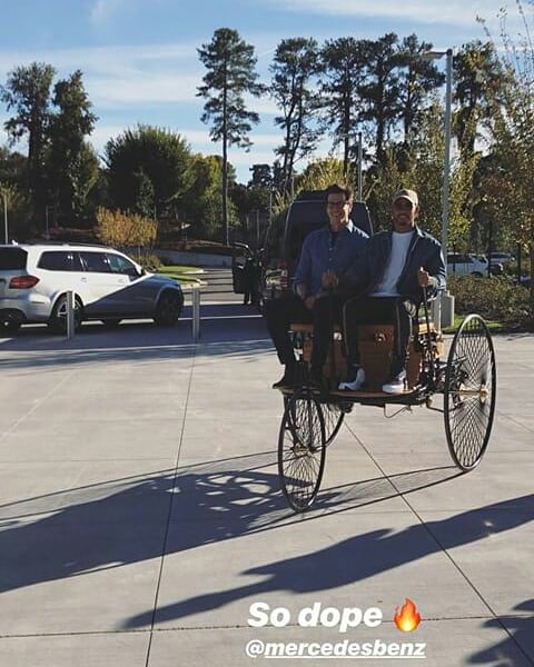 sarah44lewis's tweet photo. This is the first ever @MercedesBenz car launched in 1886 ππ₯
@LewisHamilton giving Toto a ride π
#AMGWeek https://t.co/cSQbtChOi0