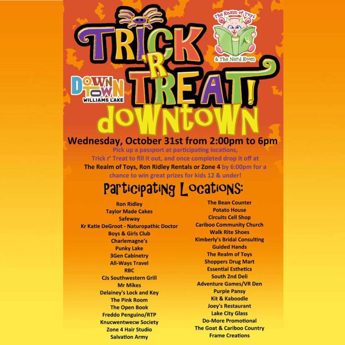 Trick ‘R Treat is back on Wednesday October 31st from 2:00 to 6:00 pm! With 38 participating locations and a chance for the kids to win prizes, #downtownwilliamslake will give you something to howl about this #halloween. #colourcaribooculture