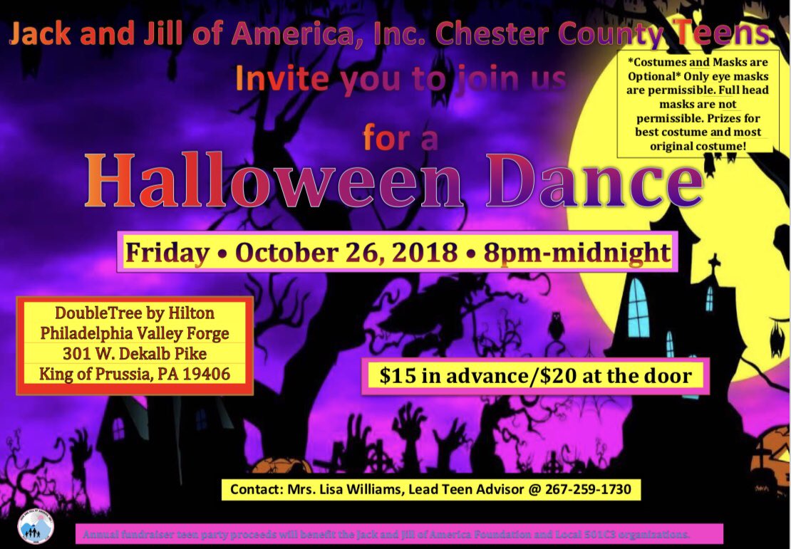 Chester County, PA Chapter TEENS of <a href="/JackandJillInc/">Jack and Jill of America, Inc.</a> -Fundraiser “HALLOWEEN DANCE" Is this FRIDAY, October 26, 2018 at the DoubleTree Philadelphia-Valley Forge. Please join the teen group; benefiting Jack and Jill of America! #jjcccteens #jjfundraiser #jjchestercountychapter