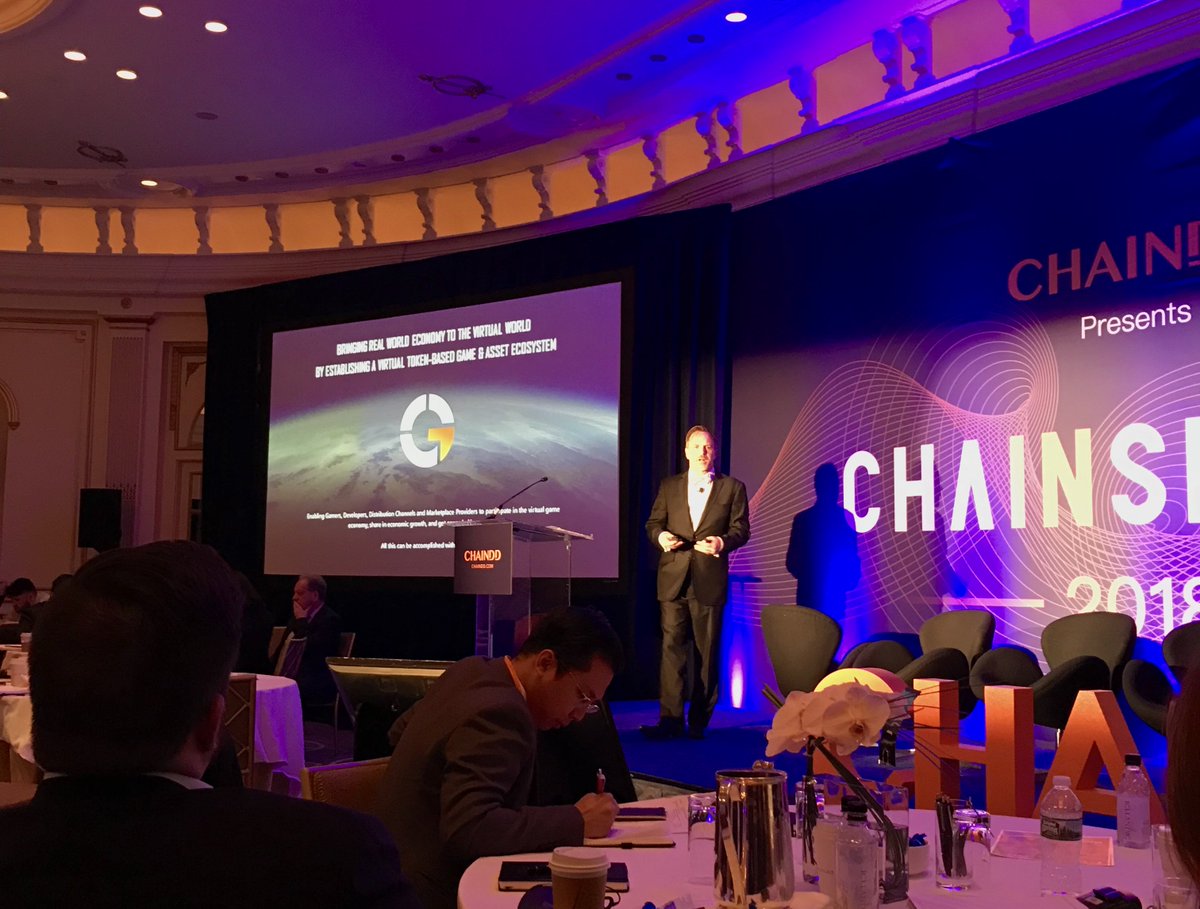 GTEXGame's tweet photo. LIVE: GTEX is presenting at #CHAINSIGHTS ! Mark Beliveau is talking about our platform and the way we will bring the real world economy to the virtual world of gaming. @ChainDDGlobal #blockchain #gaming #virtualeconomy https://t.co/MJX8L31OSu