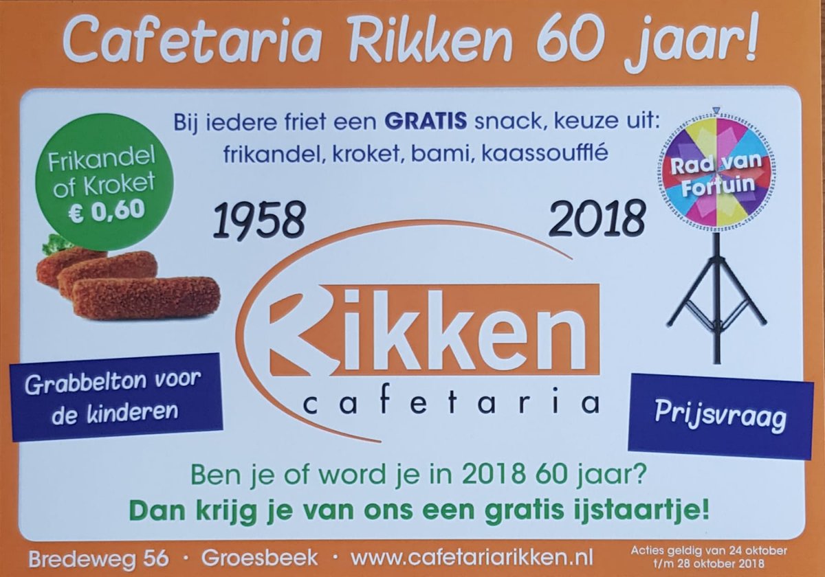 Tijdens onze #feestweek van woensdag 24 oktober t/m zondag 28 oktober hebben we superscherpe #aanbiedingen en leuke #acties

#jubileum #60jaar #feest #rikken #cafetaria #cafetariarikken #breedeweg #groesbeek #frites #friet #patat #snacks #gratis