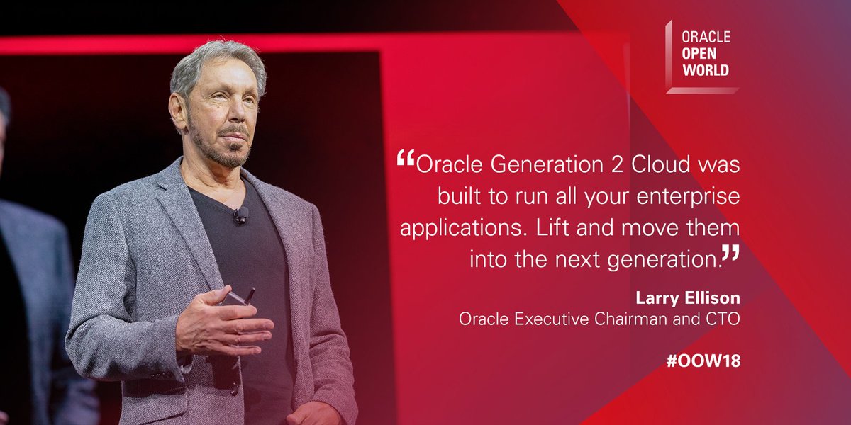 Oracle's tweet image. One secure platform for all your applications. @larryellison unveils the Oracle Generation 2 Cloud at @oracleopenworld. #oow18