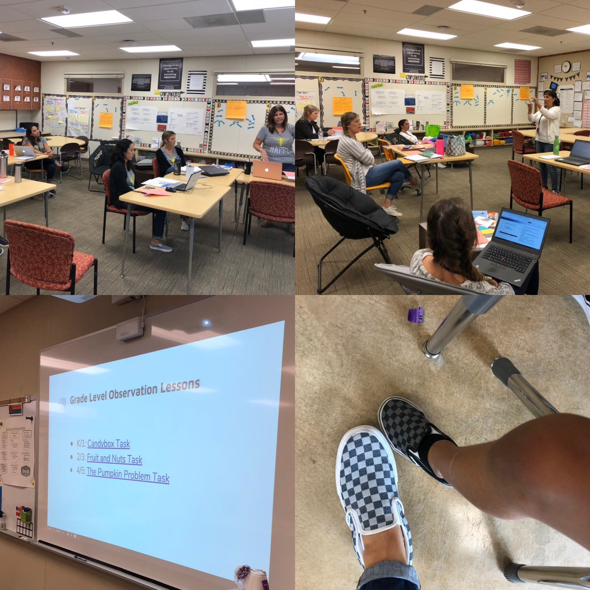 BeccaDietor's tweet photo. Great day in #TigerTime w Ts getting math PD from colleagues that attended #SMUSDMath leadership mtg! Thanks @AlmaPSME @mzmonica88 for stepping up w this. And twin day...a K student noticed we had the same shoes ❤️ #SMeMath #SMETigerWay @SanMarcosTigers https://t.co/U3bjniLodd