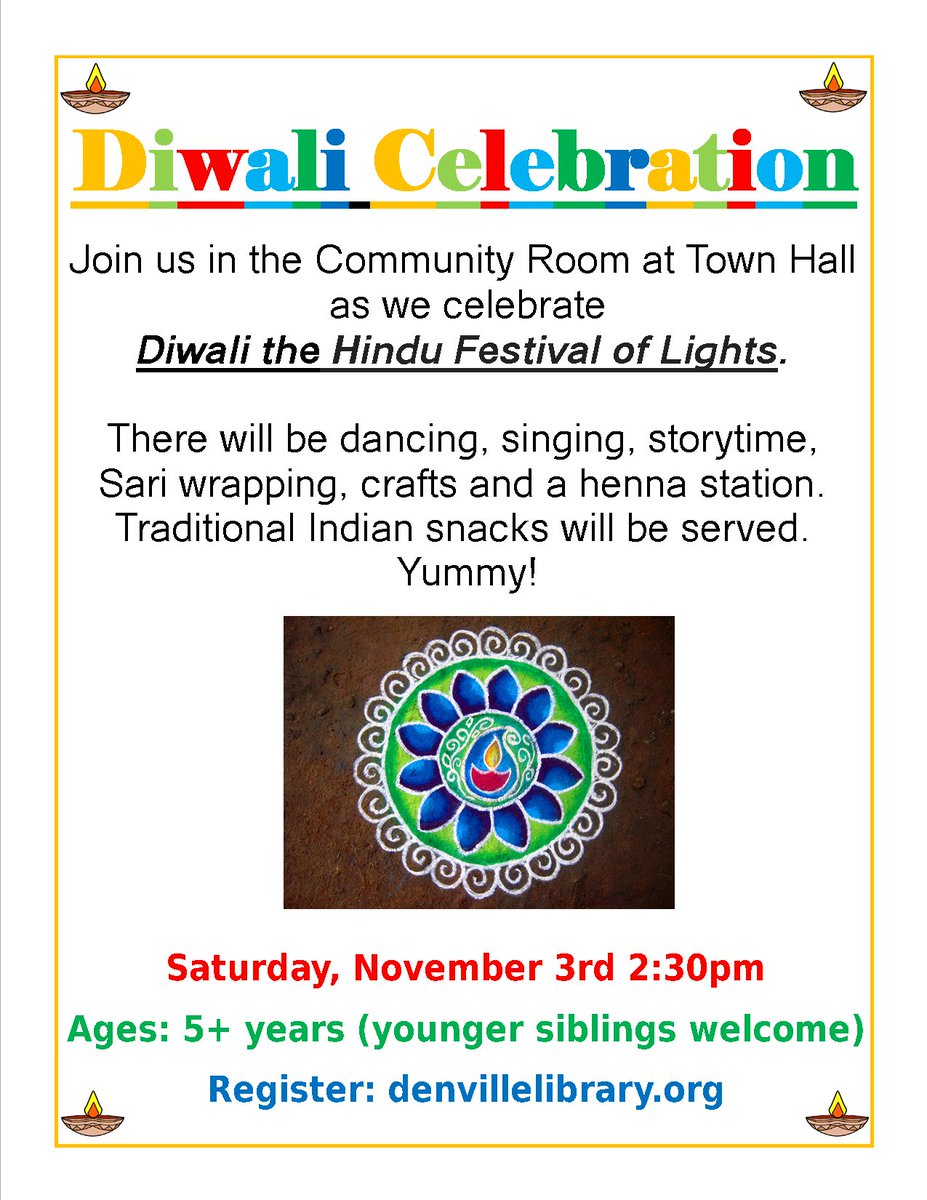 denvillelibrary's tweet photo. Kids ages 5 and up -- and their families! -- please join us on Saturday, November 3rd at 2:30 pm for our second annual Diwali Family Celebration! https://t.co/VFKQ5oS6Fi