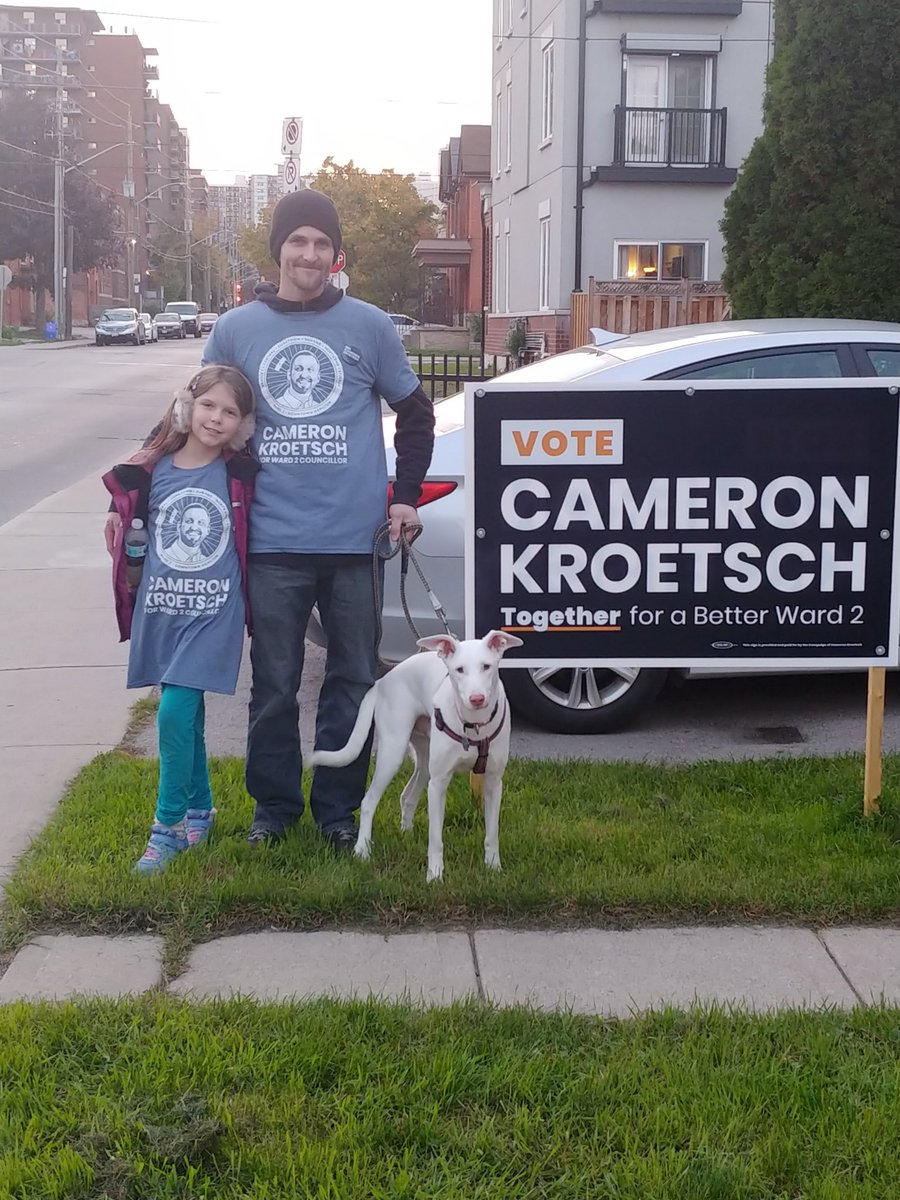 CameronKroetsch's tweet photo. Polls close in just over an hour! Thank you to my amazing team of volunteers for getting out the vote, and for believing in this campaign. I'm forever in your debt. Here's a snap of my family with Carson out knocking on doors. There's still time, go vote! #HamOnt #CameronForWard2 https://t.co/7ufVLTFTeg