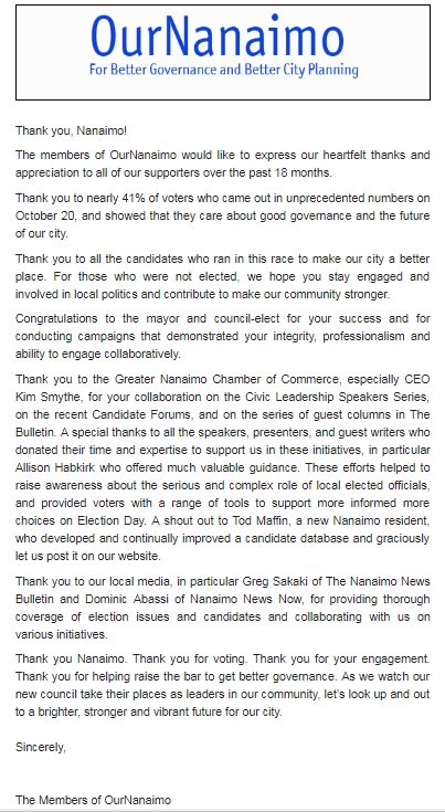 OurNanaimo's tweet photo. Members of OurNanaimo would like to express our heartfelt thanks &amp; appreciation to all our supporters over past 18 months. 

Thank you to nearly 41% of voters who came out in unprecedented numbers Oct 20 &amp; showed they care about good governance &amp; the future of our city.
#Nanaimo https://t.co/YvkVVK4Ar5