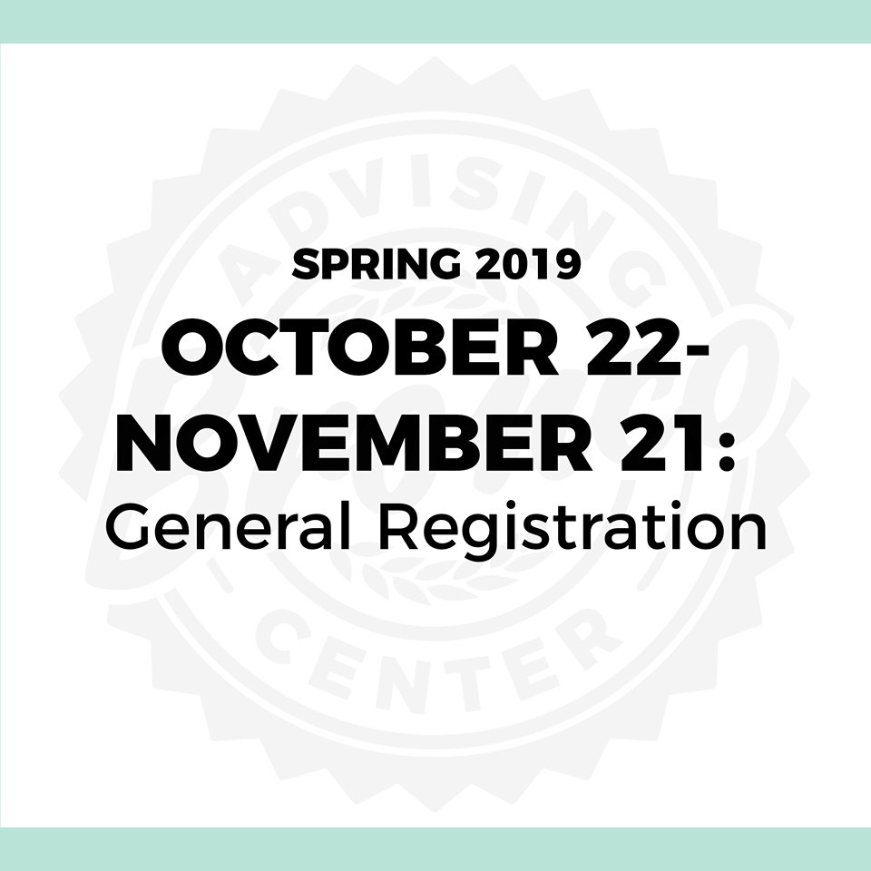 cppbac's tweet image. General registration for spring 2019 begins today, October 22 and ends November 21. You&apos;ll be able to register for up to 16 semester units.Check your BroncoDirect Student Center for your enrollment appointment, and check out the Registration Guide at cpp.edu/~studentsucces….