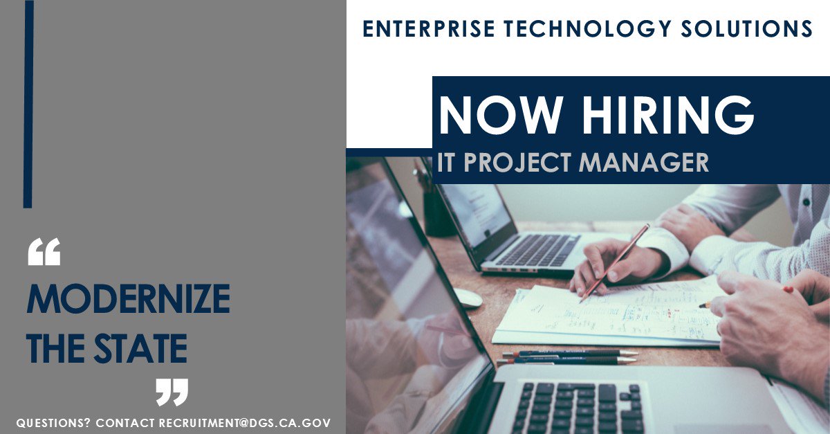 CalifDGS's tweet image. Great opportunity with our IT shop here at DGS! Now Hiring - IT Project Manager: bit.ly/2S8ubW0 #itportfolio #itstrategy #projectmanagement #itmanagement #informationtechnology