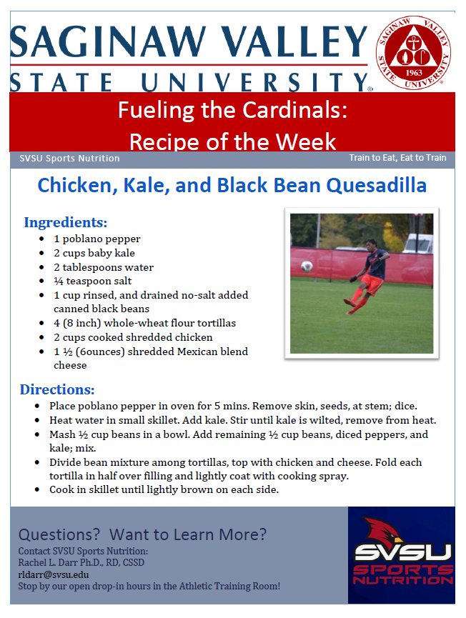 SVSU_Nutrition's tweet photo. Yum! Check out this recipe of the week for chicken, kale, and black bean quesadillas! #RecipeOfTheWeek #FuelingTheCards https://t.co/vwh8ysw7NG