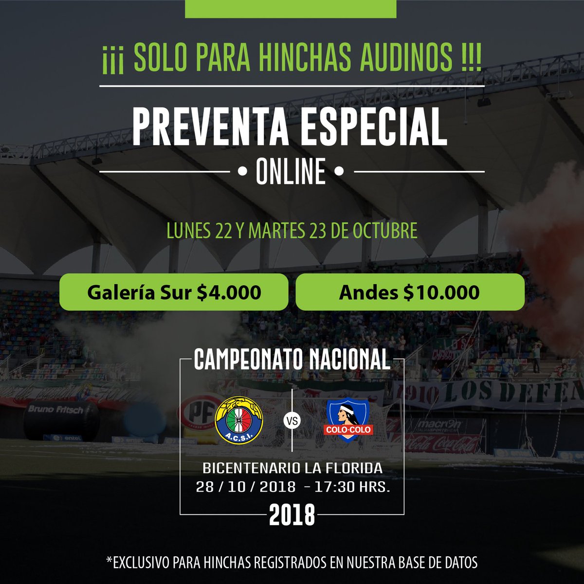 audaxitaliano's tweet photo. Atención hinchas audinos: Entradas a precio especial @audaxitaliano vs @ColoColo Ingresar a https://t.co/f9rKUpqlIs #ForzaAudax #VamosAudax https://t.co/lc8AmJEqBx