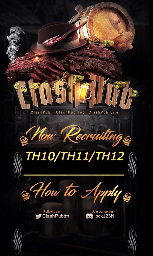 ClashPubtm's tweet photo. ClashPub family is currently recruiting players for our upcoming @MinerLeagueCW GWL season. Join our discord to interview! No in-game apps! https://t.co/3B6wg3PFVv
