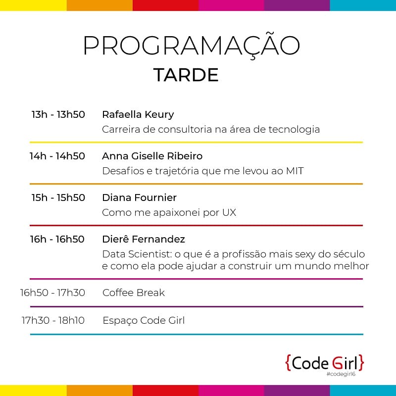 Tava esperando pra saber os horários de cada palestra que vai rolar no Code Girl 6? 
Saiu a nossa programação completa! 💞💥
Dia 26 de outubro a gente tem um encontro marcado no IFRN - Natal Central.
#codegirl6 #euvouproCODEGIRL6