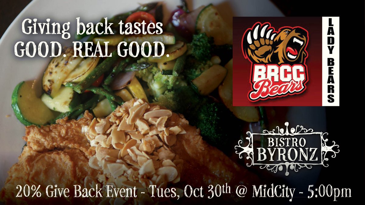 MyBRCC's tweet photo. Giving back tastes real good! Show your support for the Lady Bears. Have dinner at @BistroByronz Mid City on Oct. 30 and 20% of your purchase will be donated to the #MyBRCC Women’s Basketball Team! @BRCCAthletics https://t.co/UJEuBYRTI7