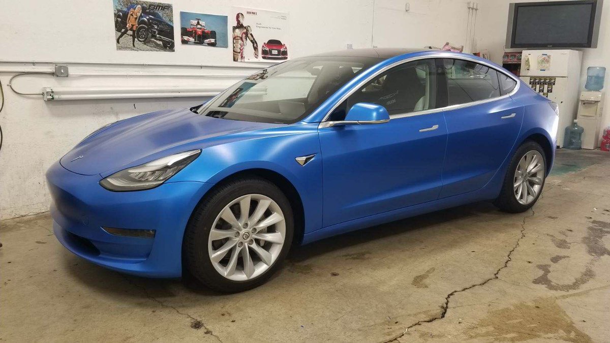 AVOclearbra's tweet photo. 2018 Tesla model 3 “full color” change to 3M1080 (perfect satin blue) in a sea of Tesla’s this one will pop #Tesla #carwrap #3m1080 #luxury #fastcars #detailing #bayarea https://t.co/cr7MaAotE8