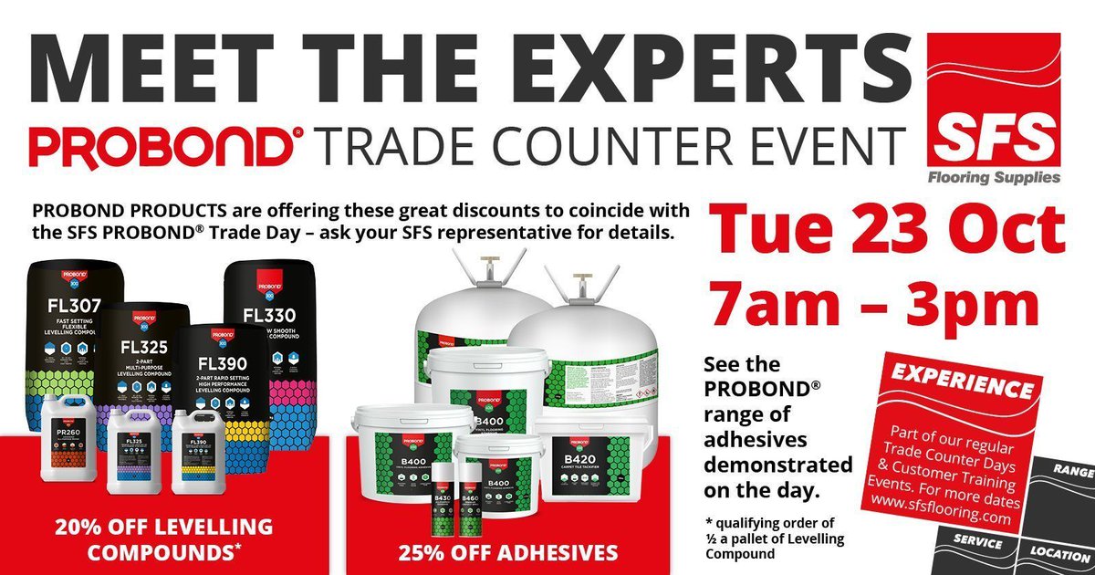 sasgoltd's tweet photo. We are pleased to be running another #PROBOND trade day TODAY!!!! Great discounts, great giveaways, adhesive demos and sticky toffee cake โ what more could you want! #TradeCounterEvent #flooring #adhesives #GiveawayAlert https://t.co/PZpgLcX78E