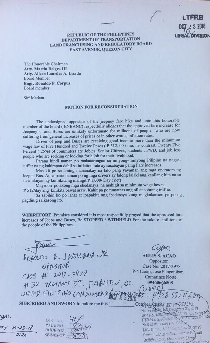 A commuter from Camarines Norte files motion for reconsideration before LTFRB to stop the
