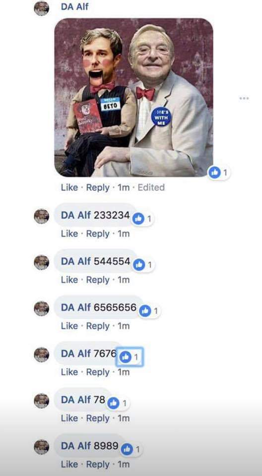 BlueTX2022's tweet photo. I've somehow missed the #Cruzbots on Twitter today but apparently they were hard at work on FB.
I wonder how smarmy and ashamed @tedcruz is feeling tonight? Sad! (Not really, he deserves it!)
#HumansForBeto #Bots #TeamBeto #BetoforTexas #VoteBeto #TexasDeservesBetter https://t.co/hNxV1qpIBJ