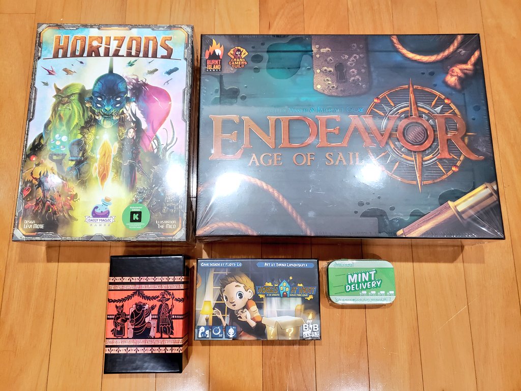 CohortVIIIGames's tweet photo. We were gone on a little out-of-town trip and came back to some great mail! @_dailymagic_ #Horizons, @burntislandgm #Endeavor, @HyperboleGrant #SPQF, @Five24Labs #MintDelivery, @bnbgamesstudio #NoisesAtNight! https://t.co/TDokxRD2Dv