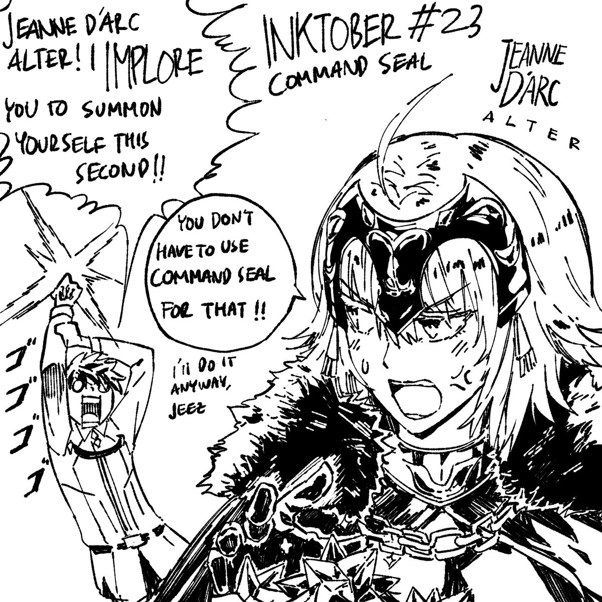 day 23, it's command seal?! this is also my birthday and I'll roll for jalter, so I hope this kind of 'offering' will work! 

I will post the gatcha result on the reply section :D

#FGO #inktober #fgoecartist 