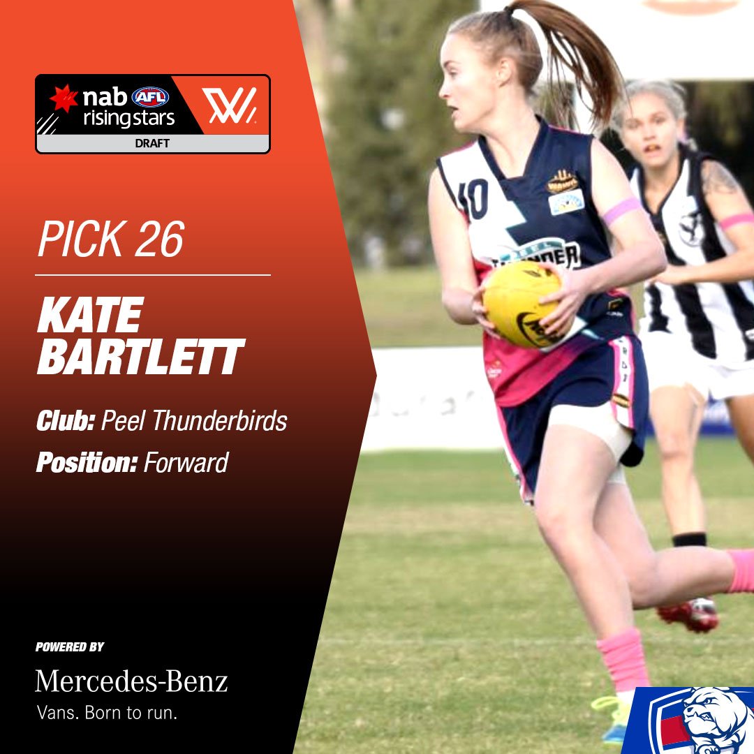 BulldogsW's tweet photo. #AFLWDraft | Pick 26

A forward from the West...

Kate Bartlett is now a Bulldog. 🔴⚪️🔵🐶 https://t.co/TXGDG7ekrm