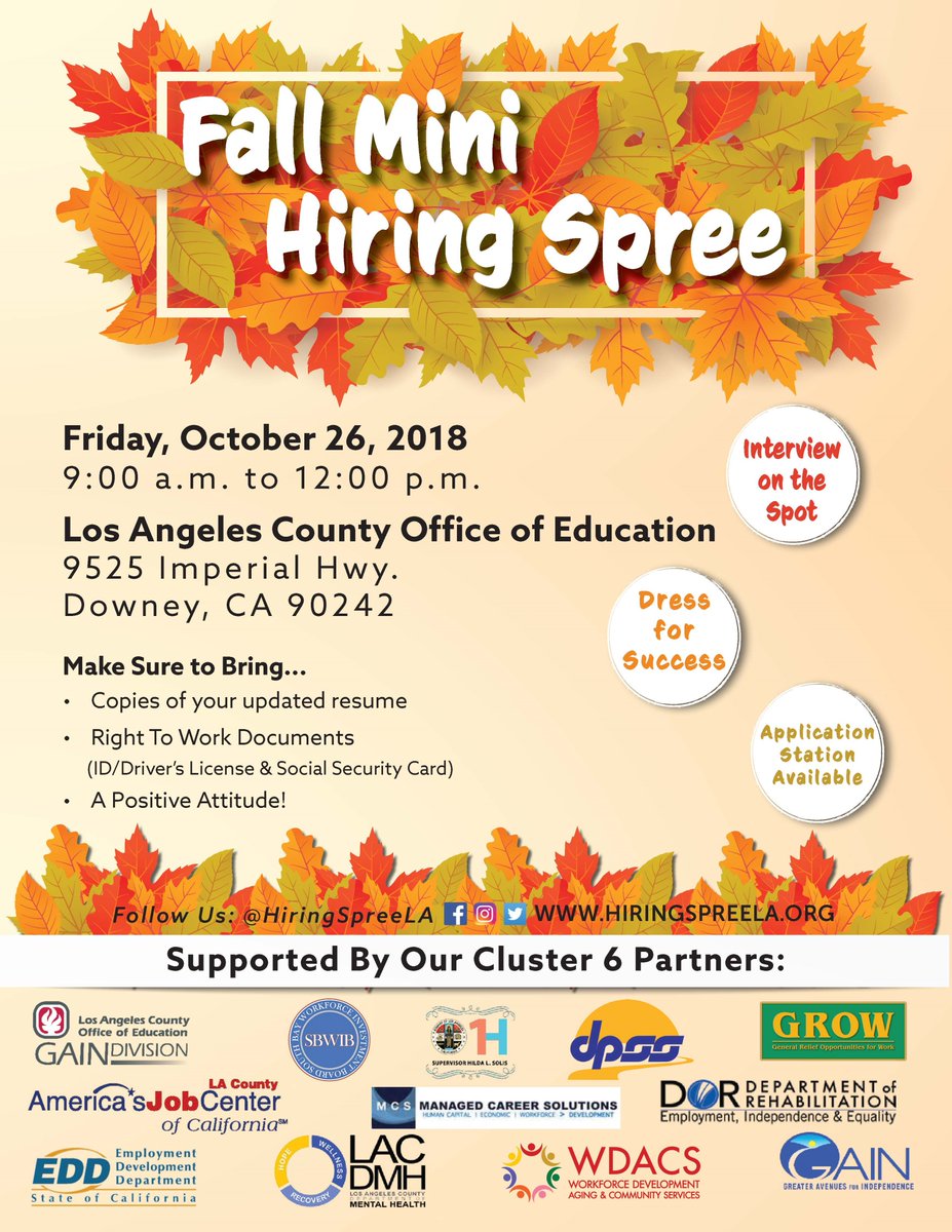 LACOEGAINcvc's tweet photo. REMINDER: #FallMini #HiringSpree on Friday, 10/26 from 9am to 12pm.  40 Confirmed Employers! On-the-Spot Interviews! Bring your resume and right-to-work documents!  Administrative, healthcare, warehouse, security, hospitality, retail, food service, and education industries. https://t.co/P5zMgDNA39