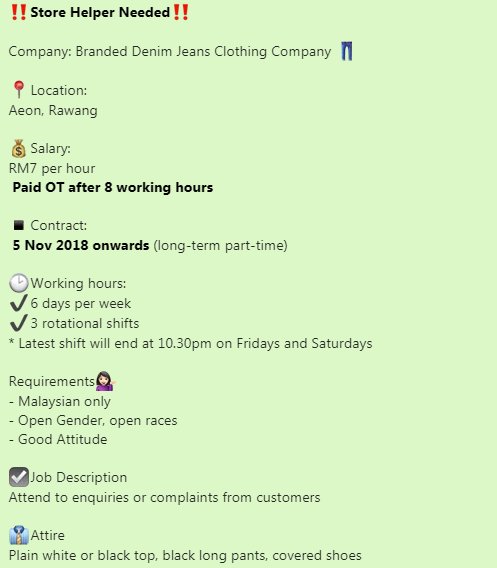 Zoel1290's tweet photo. #storehelper #hiring #partime #rawang #jobs #freshgraduate
Anyone interest please whatsapps 011-11913121 or send resume Zac_Tang@kellyservices.com.my https://t.co/Bn5haY4LIA