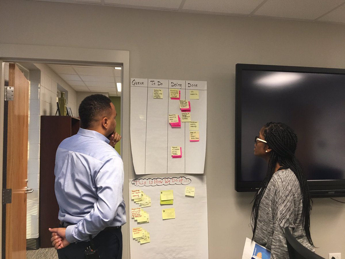 CarlaJAcademics's tweet photo. Principal Blythe and Team Lead JaMia Jones start Monday with reviewing their action board and goals for the week. #AcceleratingStudentAchievement #Relentlessfocus @mec @PrincipalBlythe https://t.co/BiMui3dODs