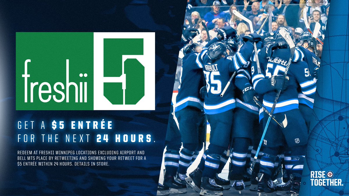 NHLJets's tweet photo. Since the #NHLJets scored FIVE times tonight, YOU win with a $5 @freshii entree for the next 24 hours at participating WPG locations!

RETWEET this tweet and show your retweet to redeem.  

#GoJetsGo | #STLvsWPG https://t.co/M4seGRXTmX