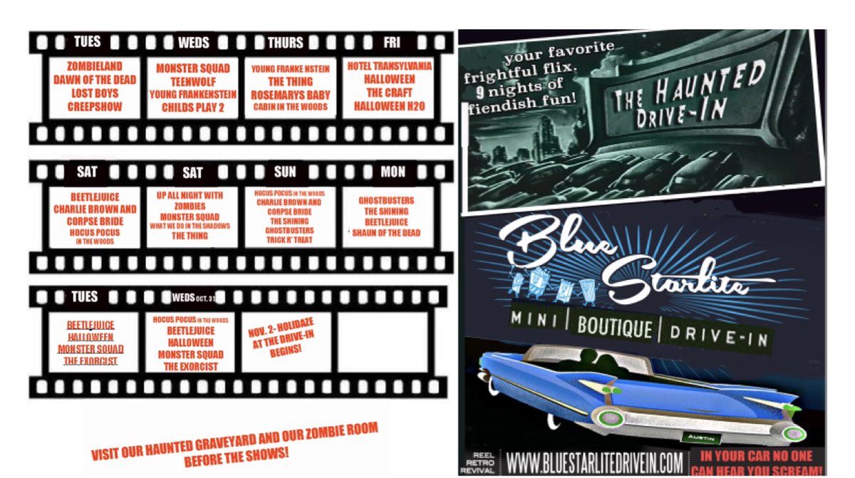 UrbanDrivein's tweet image. The Haunted Drive-in’s 9 Nites of Halloween. It’s gonna be a real scream. #Bluestarlite #halloween #forthewin #atx blueStarlitedrivein.com text Starlite to 797979