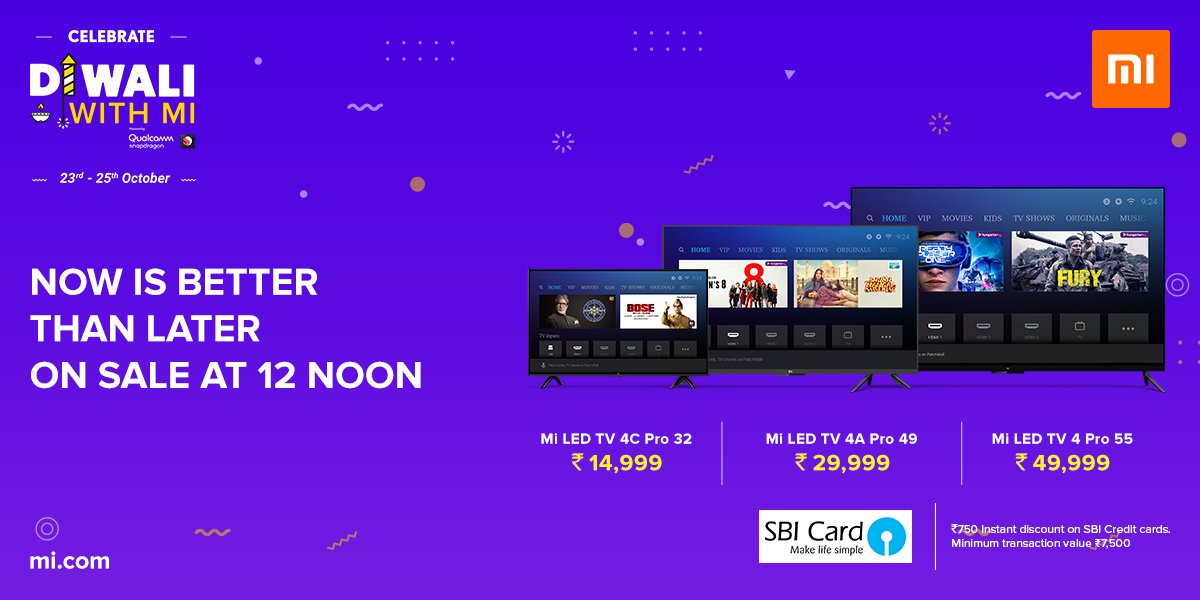 Forbrydelse reb nedsænket Xiaomi India on Twitter: "India's smartest Android TVs with Google voice  search, built-in Chromecast &amp; Play Store go on sale at 12 noon on  https://t.co/D3b3Qt4Ujl. Enjoy instant bank discounts* and cashback offers