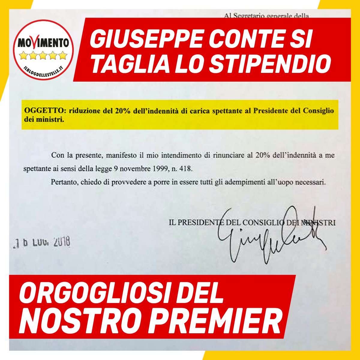 Il primo Presidente del Consiglio della storia a tagliarsi lo #stipendio.
Orgogliosi di @GiuseppeConteIT !