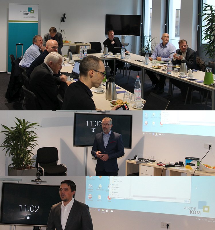 aconiumGmbH's tweet photo. Johannes Feldmann (#ateneKOM) und Ralf Berger (#FRK) begrüßen den Arbeitskreis #Rundfunk und #Empfangsanlagen (#RGA) in den Räumen der atene KOM zur Fachtagung, mit dabei: Vertreter des @dibkom. Wir wünschen gutes Gelingen! #5G #DigiNetzG #Kabel #Breitband #smarthome https://t.co/EA9bpNv6Ch