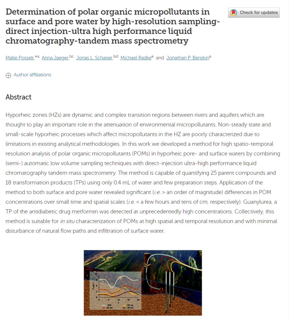 JonBenskin's tweet photo. New method for high spatiotemporal resolution analysis of polar organic micropollutants in the #hyporheic zone by Malte Posselt et al.  @AcesSthlmUni;  @HypotrainITN; @LeibnizIGB; @EnvSciRSC https://t.co/tLno9CyR4a https://t.co/SVa5zYcwoo