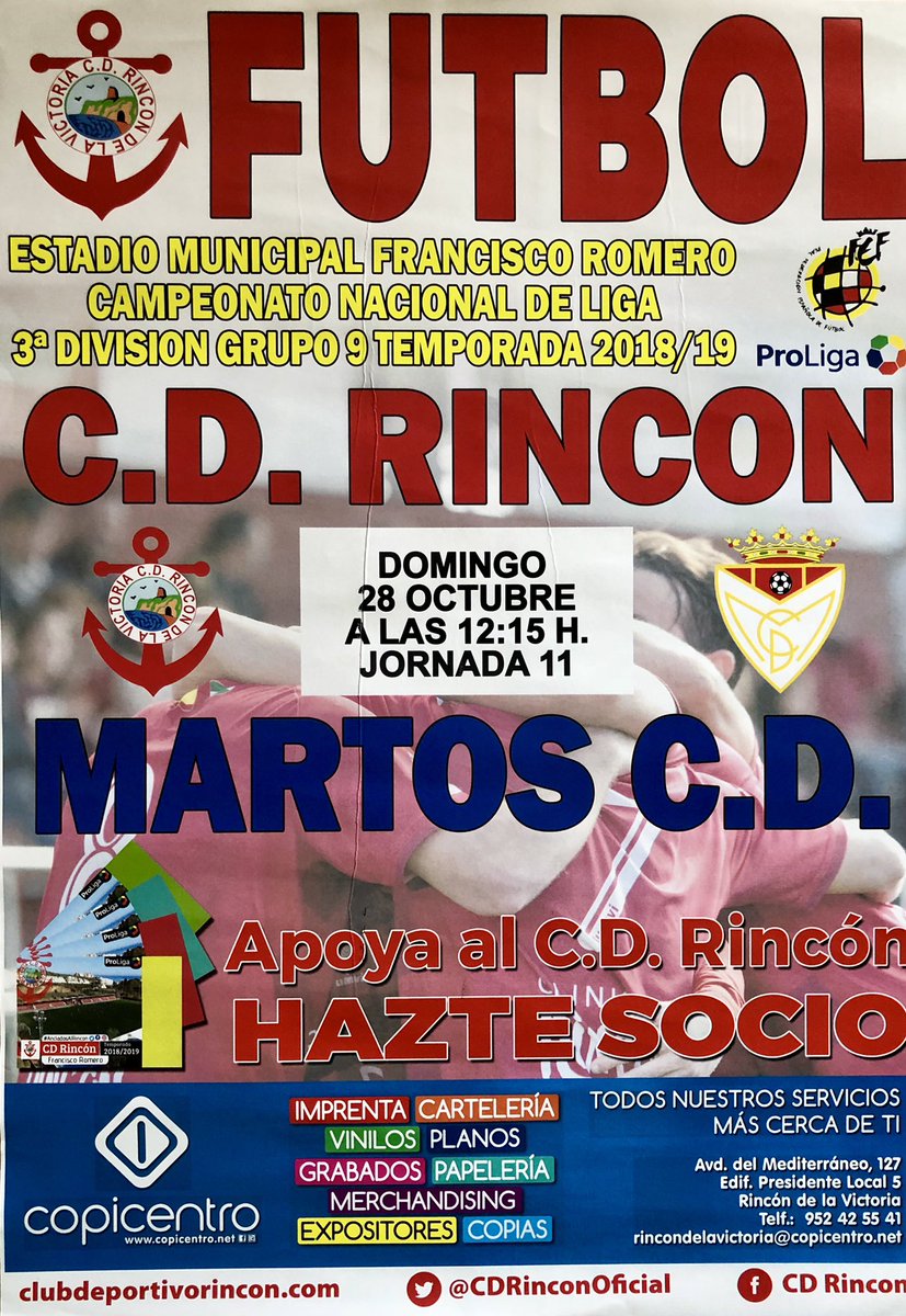 CDRinconOficial's tweet image. 📅Domingo 28 de Octubre 
⏰A las 12:15H
🏟En el #FranciscoRomero 
🏆 #3ªDivisionG9 #J11

⚽️ #CDRincon 
               🆚
     #MartosCD 

Vamos!!Juntos somos mas fuertes!!
#VAMOSRINCON🔴🔴⚓️