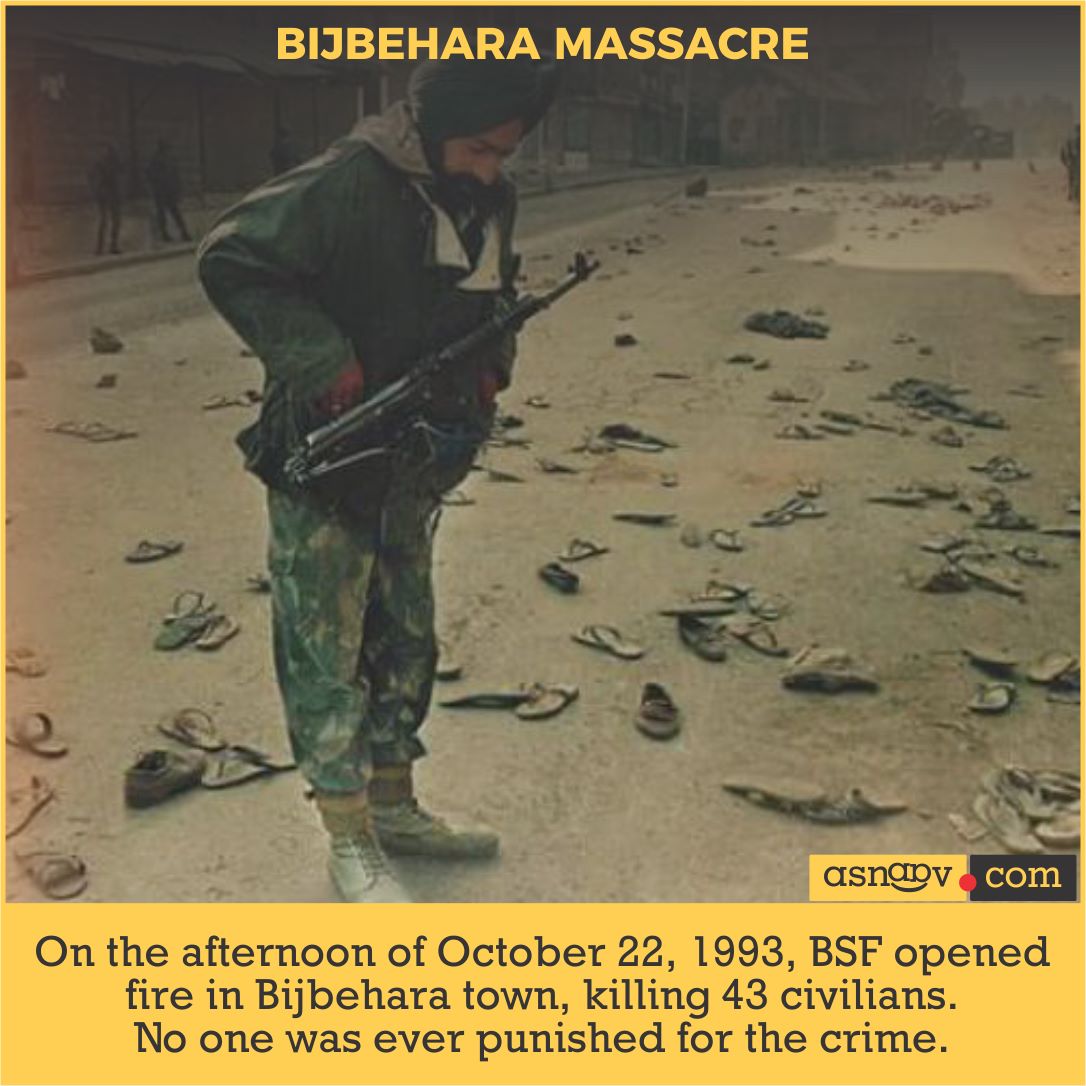 aamirzofficial's tweet photo. On the afternoon of October 22, 1993, BSF opened fire in Bijbehara town, killing 43 civilians. No one was ever punished for the crime.
Photo by #MehrajUdDin
#BijbeharaMassacre #MassacresInKashmir https://t.co/f8Y6wPM5vR