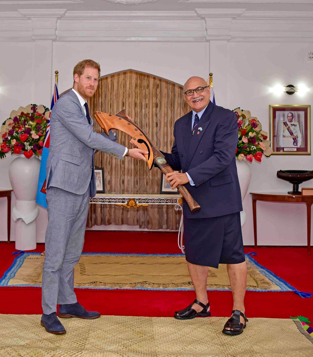 ukinfiji's tweet photo. The Duke and Duchess of Sussex this afternoon paid a courtesy call on His Excellency the president Major-General (retired) Jioji Kontrote at Borron House.

#RoyalVisitFiji https://t.co/RbgdT7NYCg