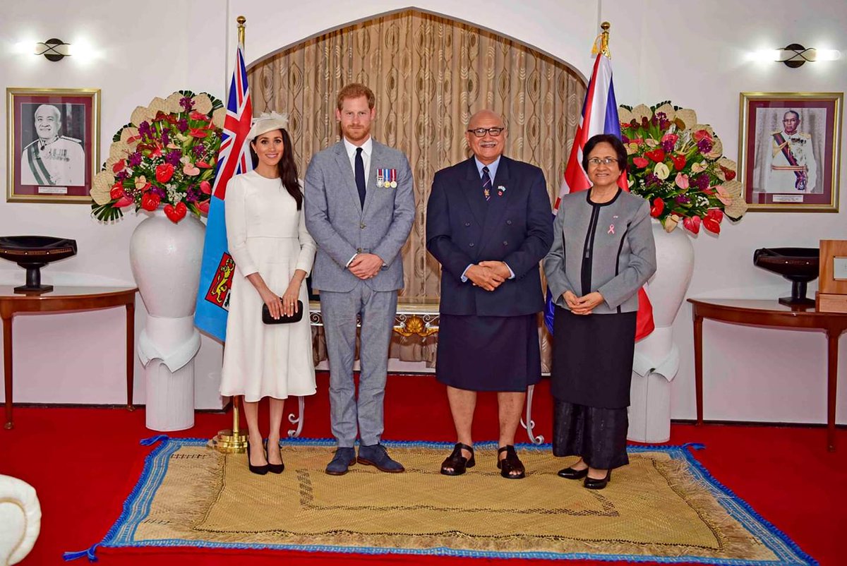 ukinfiji's tweet photo. The Duke and Duchess of Sussex this afternoon paid a courtesy call on His Excellency the president Major-General (retired) Jioji Kontrote at Borron House.

#RoyalVisitFiji https://t.co/RbgdT7NYCg